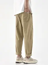 カーキ色のフィットコットンパンツ【薄手・ウエストゴム・ドローコード付き】（セットアップ対応）
