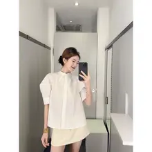 フレンチスタイル立ち襟パフスリーブブラウス【極上の柔らかさ・短袖・シルエット効果】