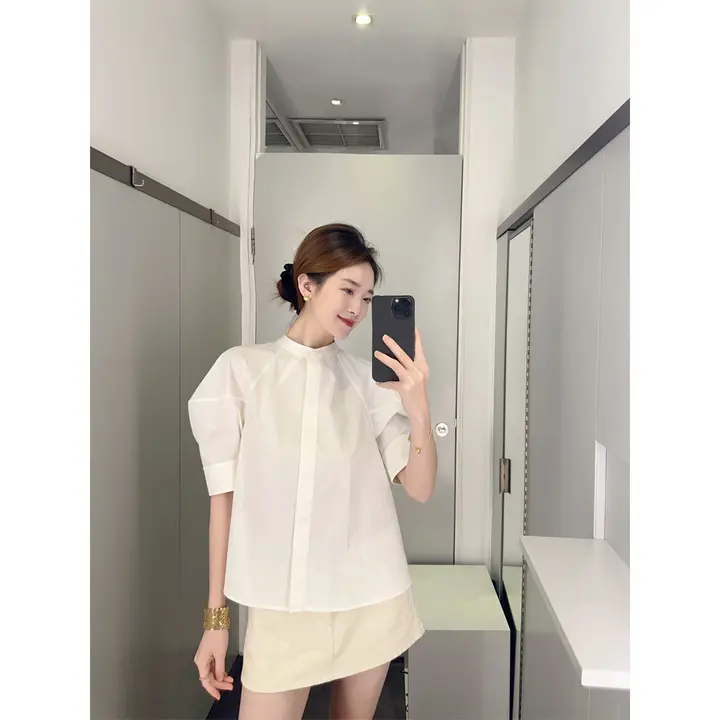 フレンチスタイル立ち襟パフスリーブブラウス【極上の柔らかさ・短袖・シルエット効果】