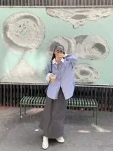ストライプデザインの長袖シャツとシンプルなスカートの2点セット【秋用・ボタン付き・コントラストカラー】