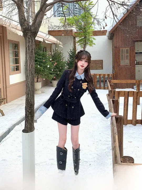 秋冬用のコンビネーションデザインジャケット【キュートなデザイン・長袖・フリース裏地・ネイビー】（セットアップ対応）