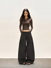 ウィメンズ春秋用ワイドレッグパンツ【ドレープ加工・ウエストひも・ポケット付き・フィット】（セットアップ対応）