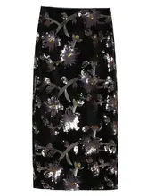 ヴィンテージ風の落ち着き！スパンコール刺繍の中長丈ハイウエストストレートスカート（セットアップ対応）