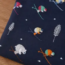 厚麻棉製スノーピープル刺繍生地【手作り化粧ポーチ・抱き枕・テーブルクロス用】