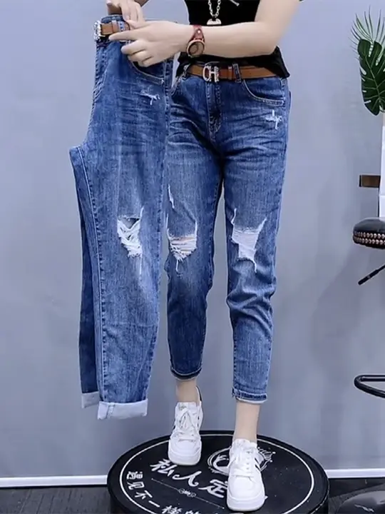 レディース ハイウエストデニムパンツ【ストレート・膝穴あけ・伸縮性・9分丈】