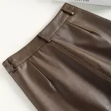 カフェカラーPU製ミニスカート【ハイウエスト・Aライン・秋冬向け】
