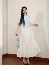 女性用 大きいサイズの短袖Tシャツ【柔らかくて優雅・シワ感・ブルー】（セットアップ対応）