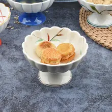 手描きデザインの高脚スイーツボウル【陶器製・アイスクリームやデザート用・高級感】