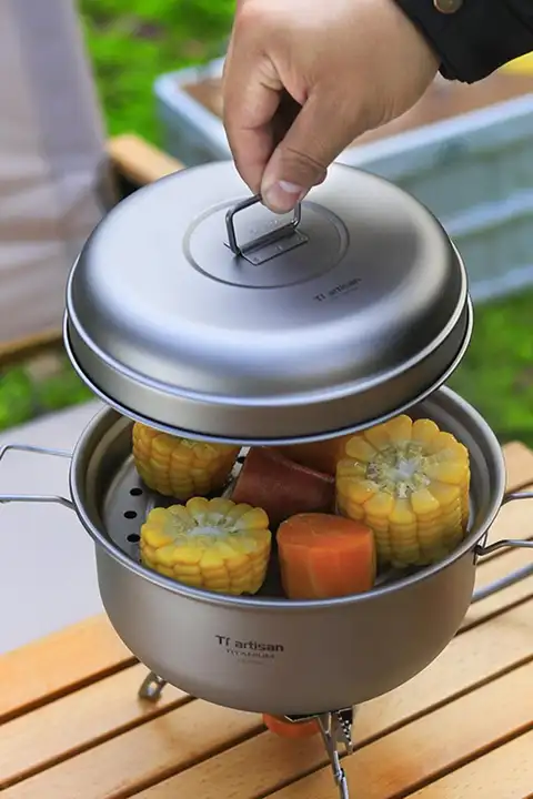 チタン製 大容量2.1L 蒸し鍋＆スープ鍋セット【アウトドア・純チタン製・キャンプ用】
