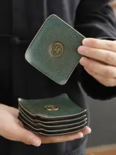 中式緑釉陶器製コースター【四角形・保温・茶器用・収納可能】（セットアップ対応）