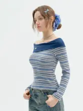 ziziFei デザイン ストライプオフショルダー長袖Tシャツ【深藍色・スリムフィット・春秋用】