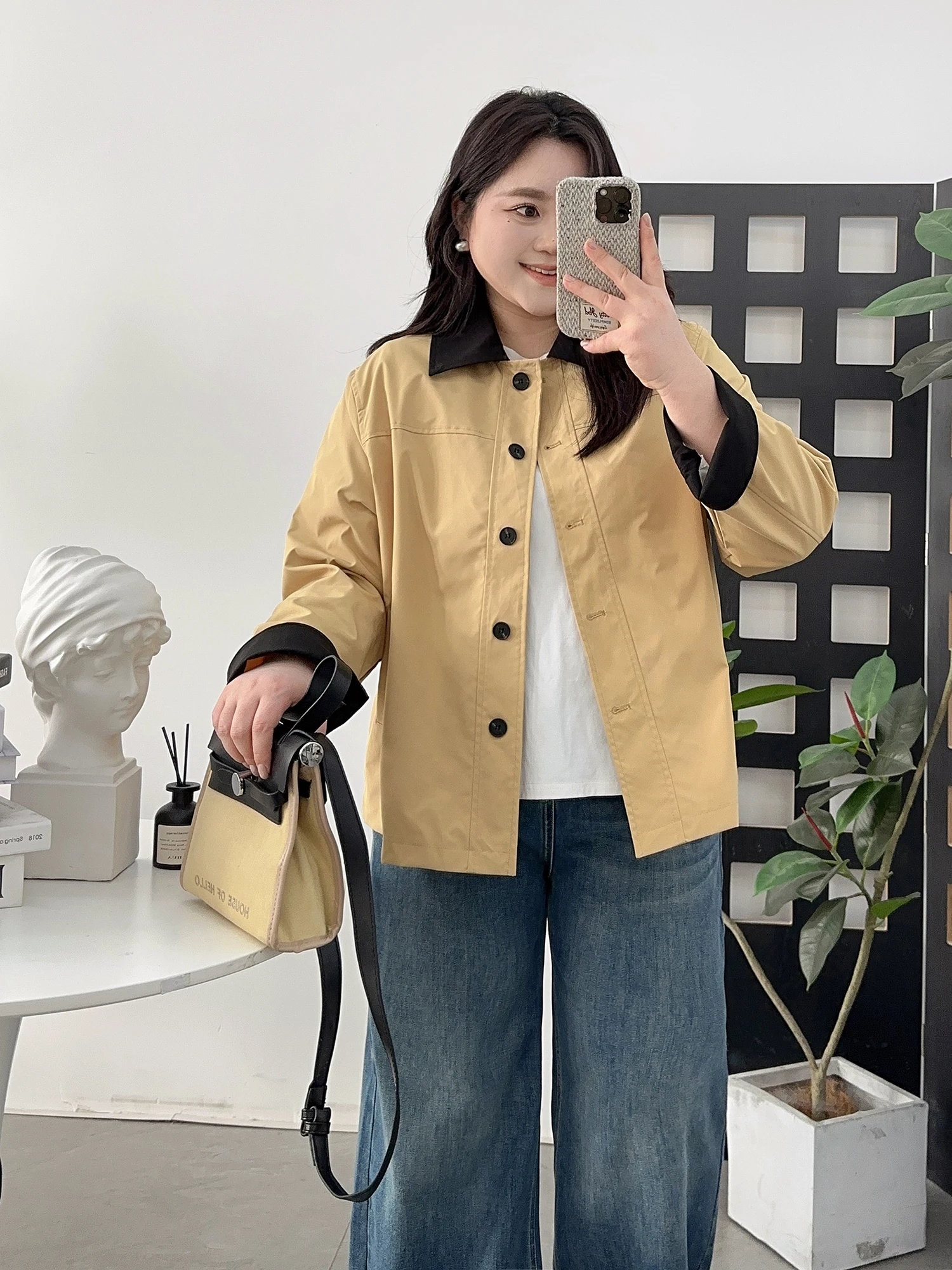 女性用ビッグサイズ カラーブロックデザインジャケット【春季・アメリカンスタイル・ショート丈】 大人可愛い服 40代コーデ
