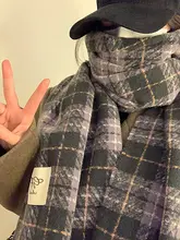 紫のチェック柄スカーフ【冬用・フェイクカシミア・保温・学生向け・おしゃれ】