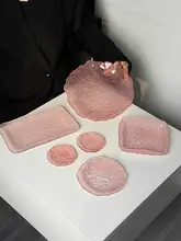 高級感あるピンク不規則デザインガラスプレート【家庭用・お菓子皿・丸型デザートトレイ】