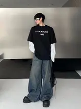 デザイン性の高いワイドレッグデニムパンツ【中高腰・フィット・ロング丈】