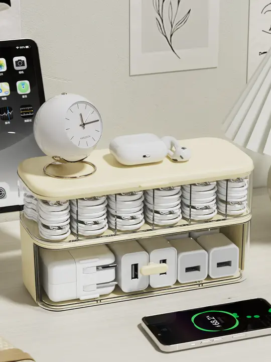 二層データケーブル収納ボックス【充電器・テーブル用・整理整頓】