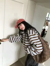 レトロなカフェブルーストライプの厚手シープボア立襟ジップパーカー