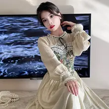 春秋用フレンチスタイルの復古風長袖ドレス【重工デザイン・プリンセスライン・パッチワーク】