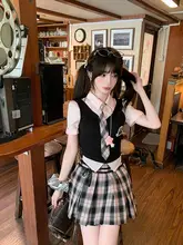 粉色チェック柄の女子制服風トップスとプリーツスカート【夏用・学院スタイル】（セットアップ対応）