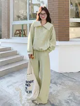 感のあるコーディネート！イエロー ネイビー襟スウェットシャツ【秋春用・カジュアルスタイル・ワイドパンツ】（セットアップ対応）