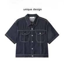 XinmonLee ビンテージ風ダークデニム半袖シャツ【夏用・カジュアル・ワイドフィット・ショートジャケット】