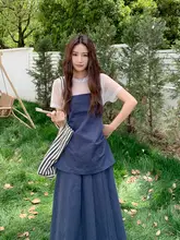 深青色の優しい雰囲気のネット生地トップスとキャミソールの夏向けスカート【シルエットを美しく見せる・三点セット（セットアップ対応）】