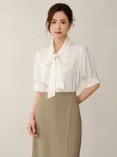 ブラウス レディース 半袖 シフォン 白 蝶結び きれいめ 上品 通勤 就活 オフィスカジュアル 夏
