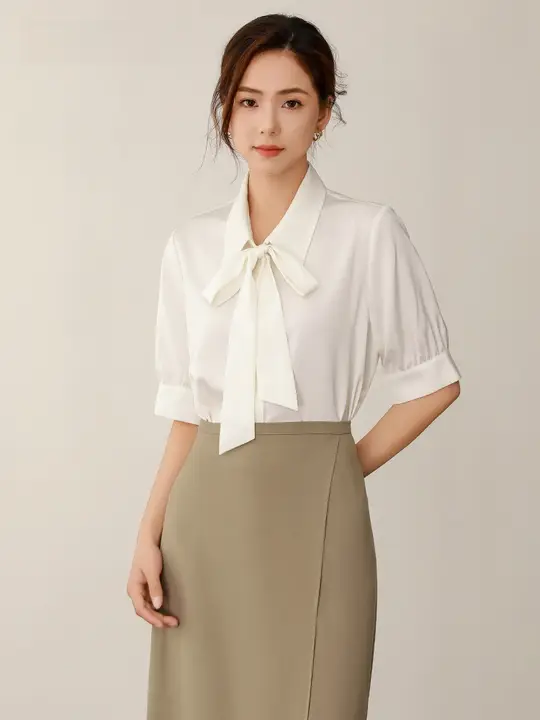 ブラウス レディース 半袖 シフォン 白 蝶結び きれいめ 上品 通勤 就活 オフィスカジュアル 夏