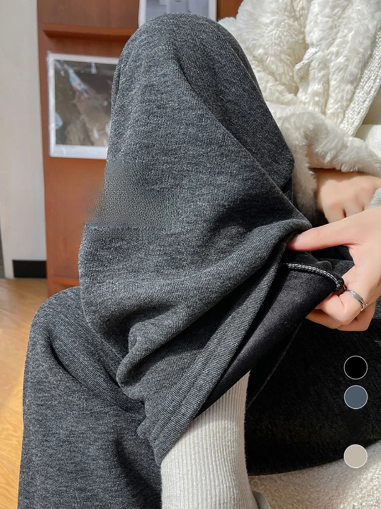 秋冬用グレーウエストゴムワイドパンツ：ストレートスタイルの通勤シーンに最適な柔らかさと機能性