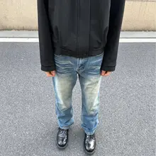 517デニムパンツ【ヴィンテージ風・ダークブルー・クリーンフィット・フレア・雪模様加工】