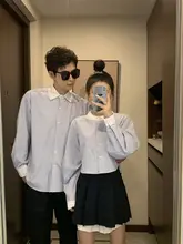 秋用カジュアルカップルコーデ（ストライプ柄・長袖シャツ・ワンピース・学院風）