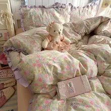 フラワープリントの泡芙棉製ベッドカバー【フレンチスタイル・レーストリム・四季対応】（セットアップ対応）