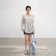 UVカットトップス レディース 長袖 グレー ストライプ ワンショルダー ルーズ 薄手 シアー 夏 羽織り