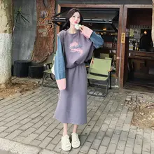 Miu Miu風 スウェットセットアップ【デニムパッチワーク・トップス＆スカート・春秋用】