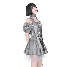 液体メタル風シルバー＆ブラック可愛いパフスリーブオフショルダートップスとボリュームスカート（セットアップ対応）