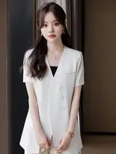 米白色 ショートスリーブ テーラードジャケット【Vネッ ク・フィットデザイン・カジュアルファッション】（セットアップ対応）