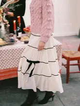 甘美なリボン装飾のウエストゴム中長丈スカート【春夏用・フランス風】
