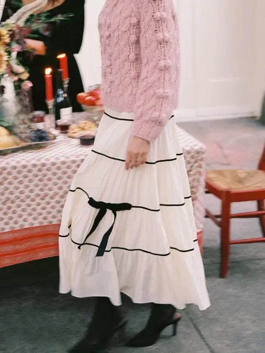 甘美なリボン装飾のウエストゴム中長丈スカート【春夏用・フランス風】