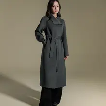 高級感あふれるダブルフェイスカシミヤコート【立襟・ウエストベルト・ロング丈・秋冬用】