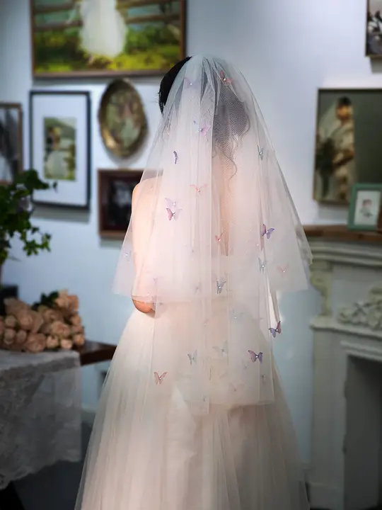 カラフルな蝶モチーフのショートウェディングドレス【フォトプロップス用・花嫁用・ウエディングベール付き】