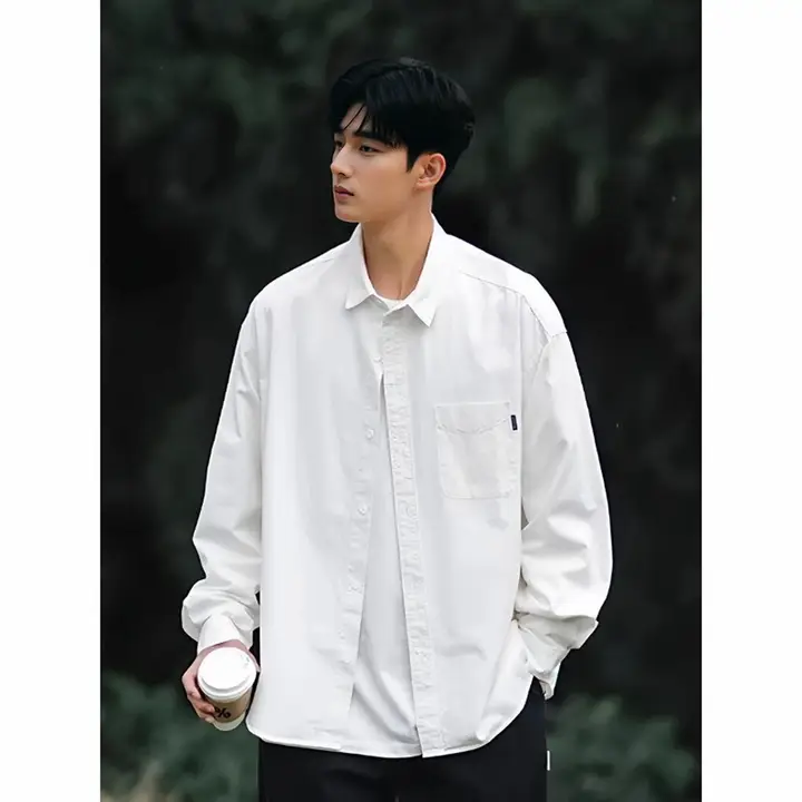 ユニセックス 春秋用ゆったりロングスリーブシャツ【ホワイト・無地・カジュアル】