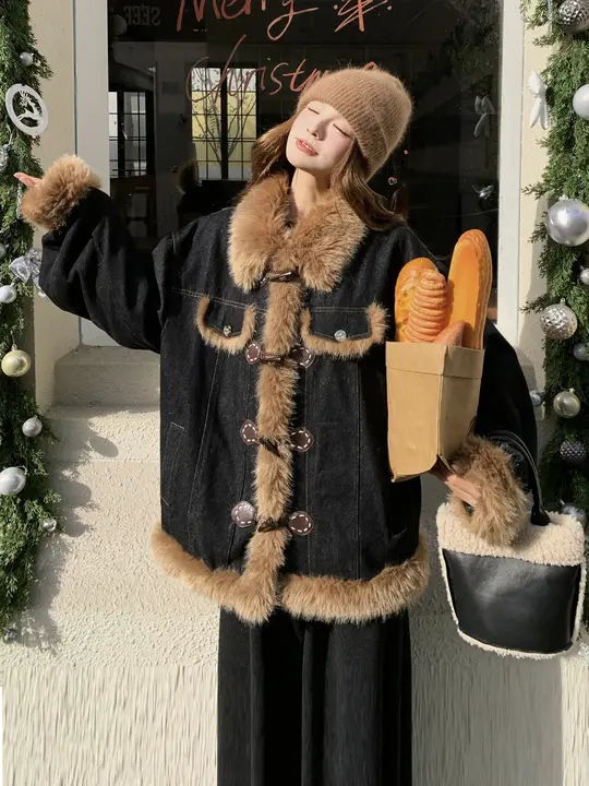 レトロな毛羽立ちデザイン ダウン入りジーンズジャケット【ゆったりシルエット・カジュアル・ウィンター】