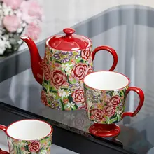 ウォーターピッチャー ティーポット コーヒー ティーセット 陶器 手描き 薔薇 赤 アメリカン風 上品 おしゃれ 「OMK」