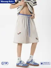 アメリカンスタイルの刺繍入りスポーツショートパンツ【夏用・ゆったり・ウィンディグチノン犬デザイン】