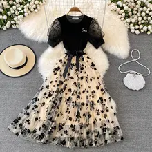 リボン付きニットメッシュチュニックドレス【優雅なフレア・ラウンドネック・ロングスカート】