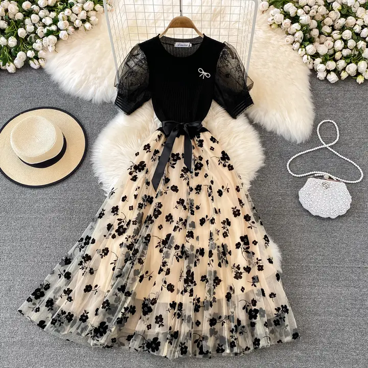 リボン付きニットメッシュチュニックドレス【優雅なフレア・ラウンドネック・ロングスカート】