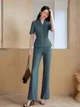 高級感のあるグレーグリーンのスーツパンツ【夏季通勤用・すっきりとした印象】（セットアップ対応）