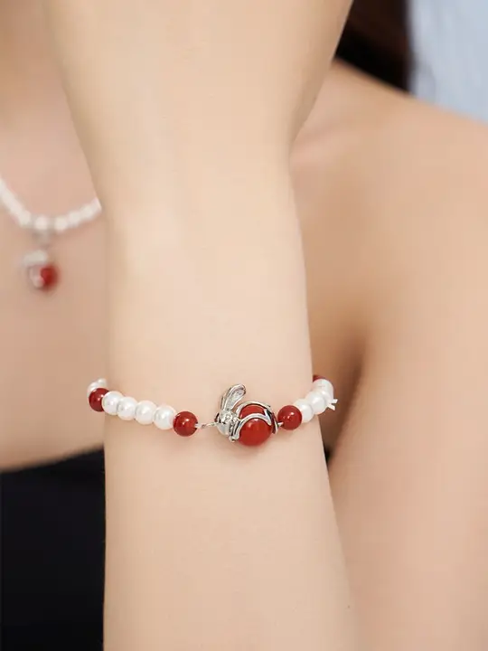 Paranoid Puppy コラボ レトロスタイルウサギ925純銀パールブレスレット【女性用】