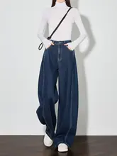 高腰ワイドデニムパンツ【スリム効果・ストレート・深い青色・カジュアル】（セットアップ対応）