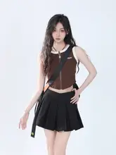 美式ハイストリートスタイル ブラウンジッパータンクトップ【ショート丈・デザイン性あり】